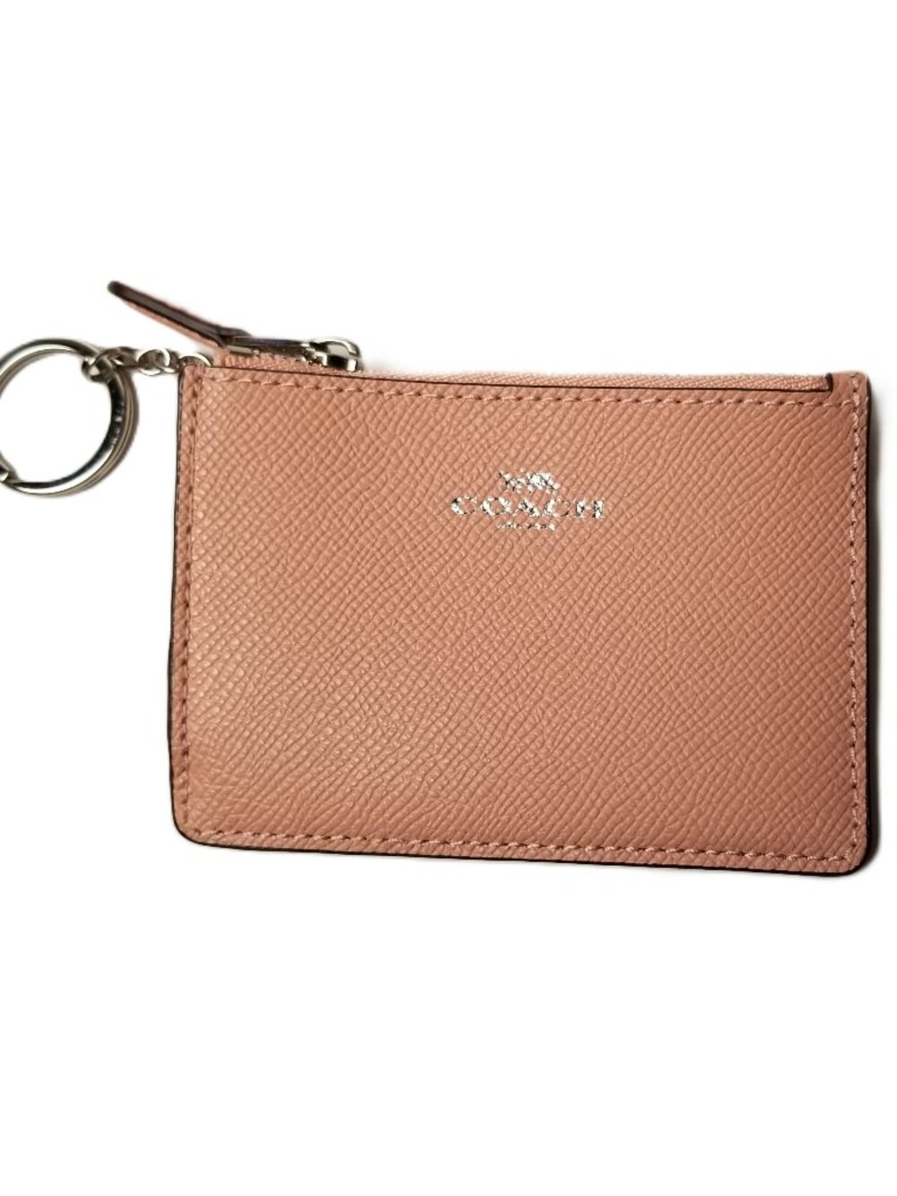 Coach Mini Skinny ID Case Pink Crossgrain Leather Card Wallet Key Ring New